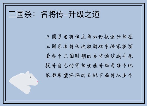 三国杀：名将传-升级之道