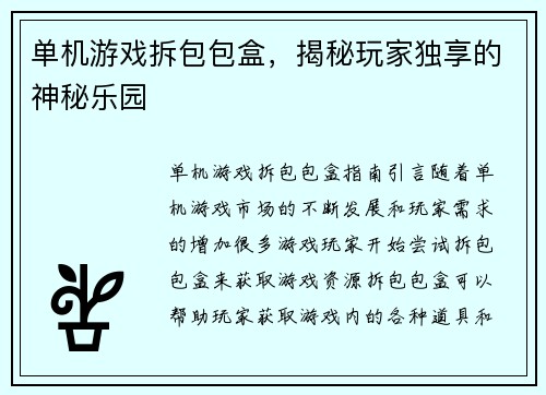 单机游戏拆包包盒，揭秘玩家独享的神秘乐园